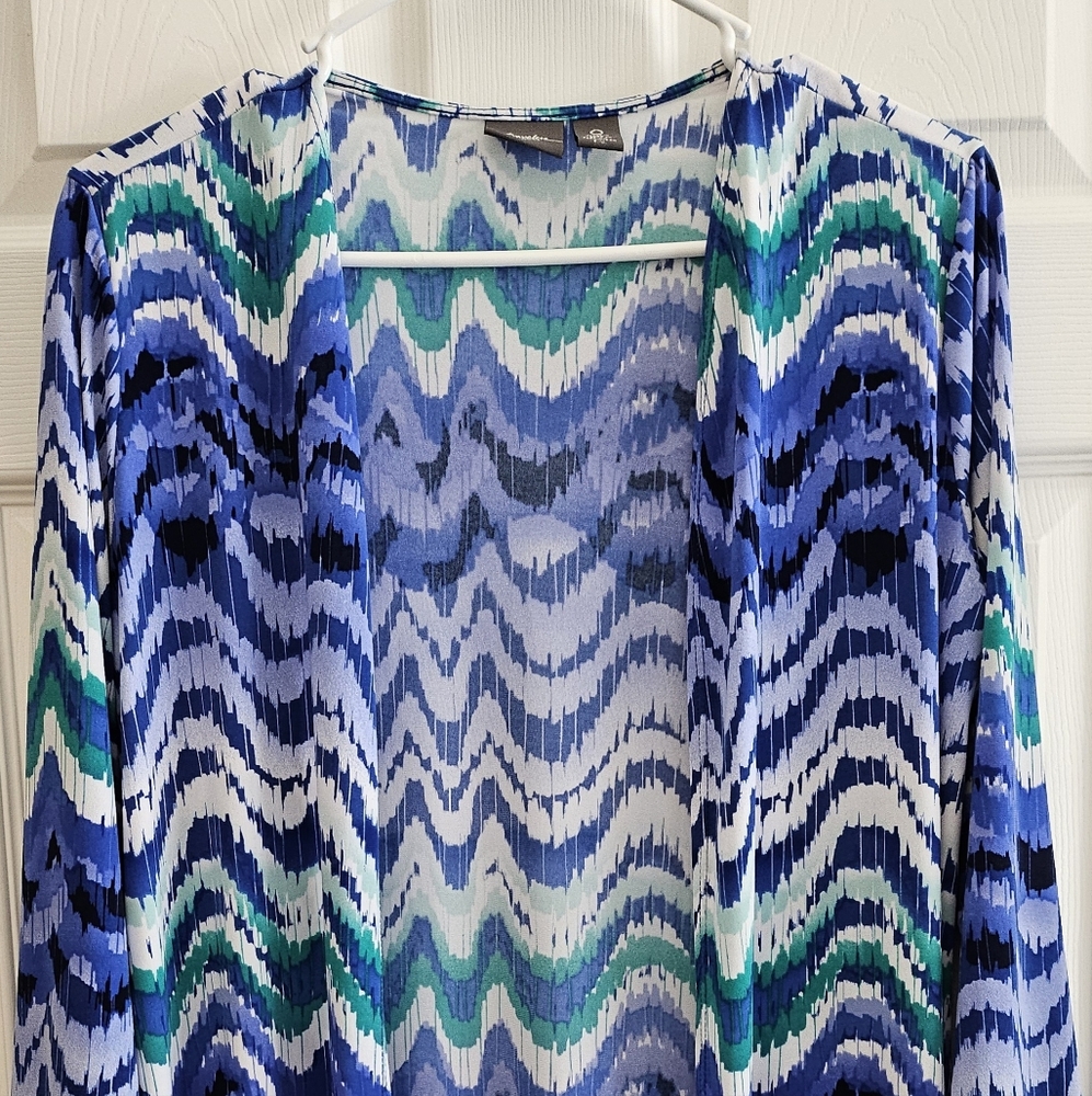 Chico's Travelers Sz 0 Duster open front blue green white 3/4 sleeves designer